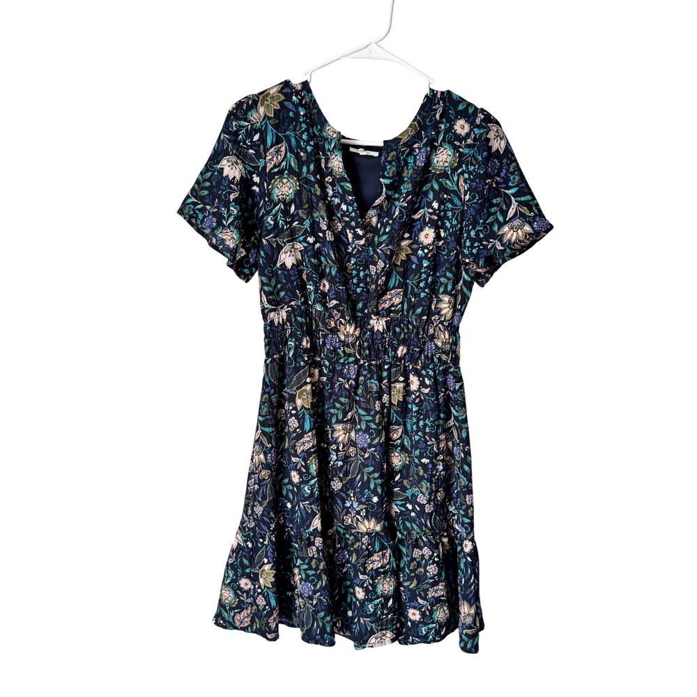 Maurices Womens Navy Blue Floral Smocked Waist V-Neck Ruffle Mini Dress Small